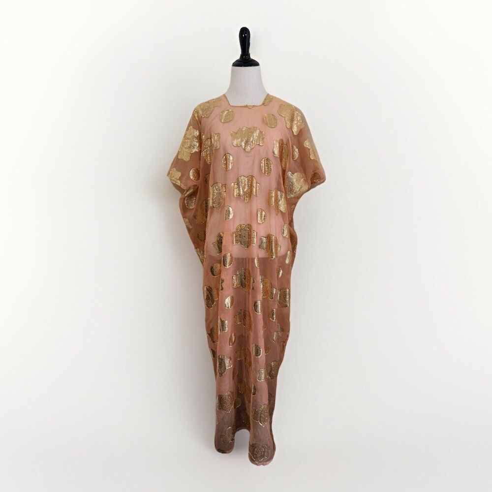 Kaftan Caftan Maxi Dress 1 Size Peach BOHO Gold Paisley Embellished Square Neck - Picture 2 of 12